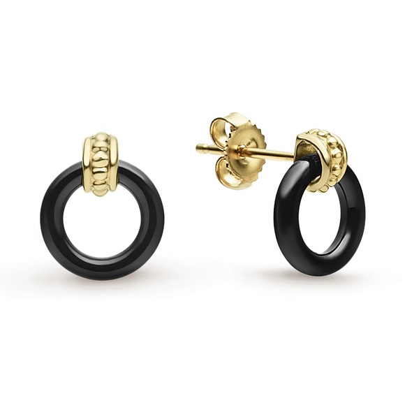 LAGOS Meridian Black Ceramic Circle Drop Stud Earrings Door Knocker 18K Gold - Picture 1 of 3